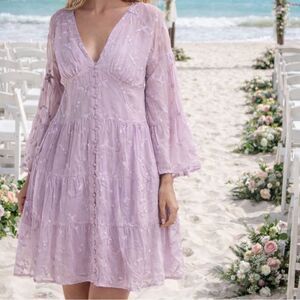 Johnny Was Dress Plus Size Flowy Phoenix Pastel long sleeve with slip lilac XL